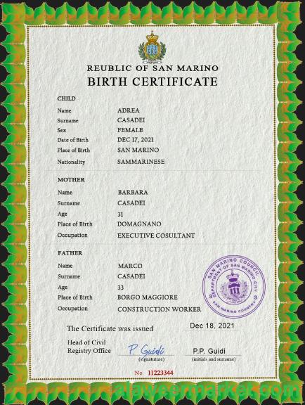 San Marino birth certificate PSD template